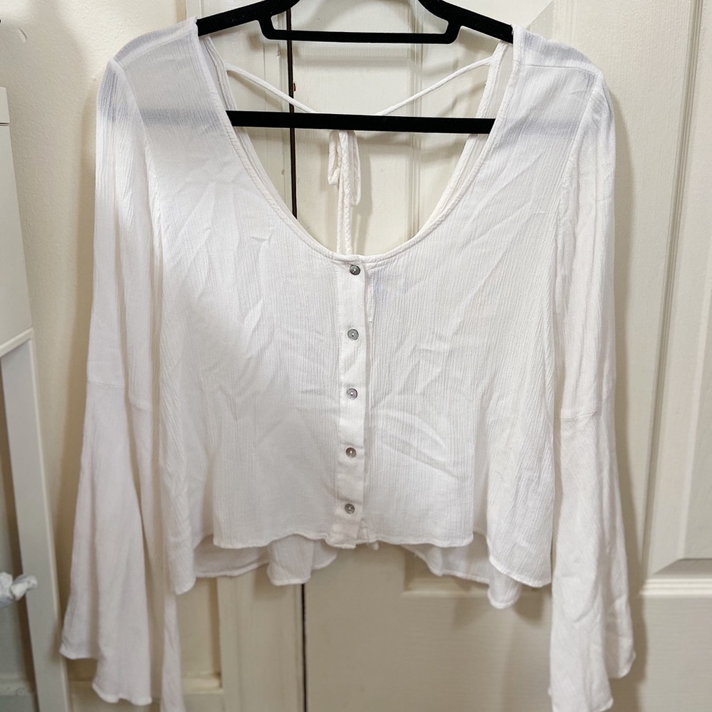 White flowy button down blouse w/ bell sleeves